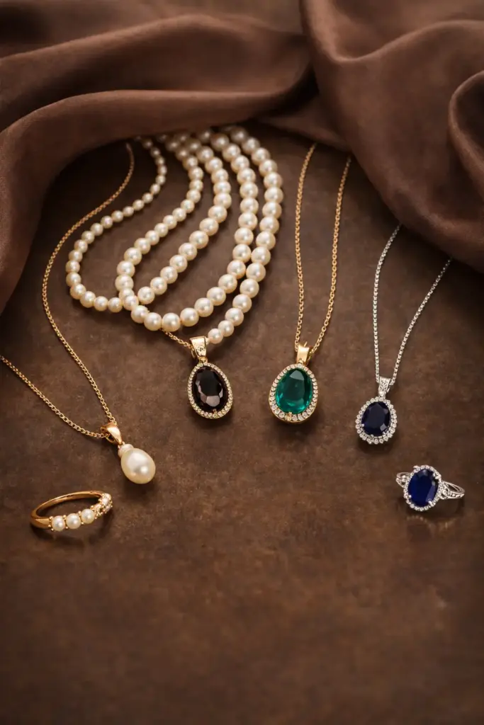 Welcher Schmuck zu braunem Kleid Steine Perlen